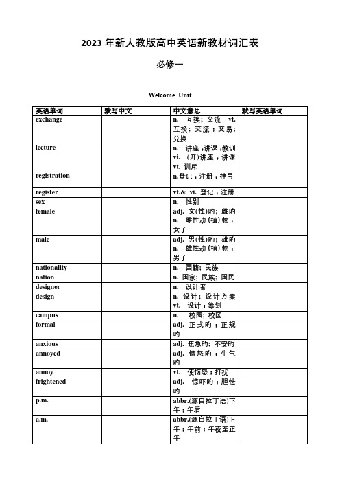 人教版新高一英语必修一单词表默写版