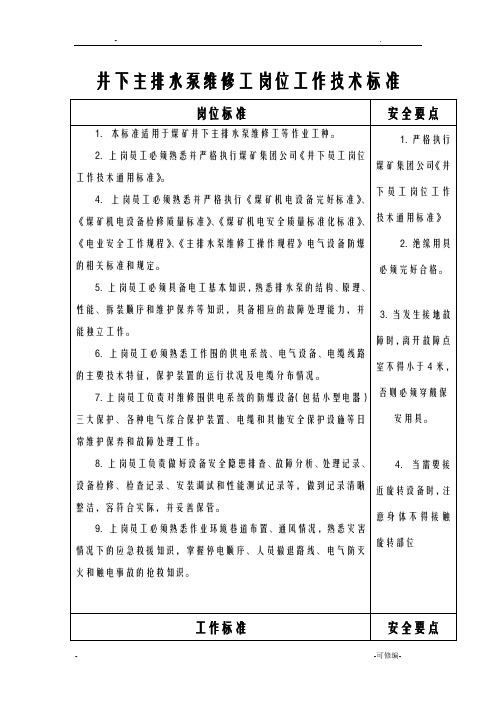 井下主排水泵维修工岗位工作技术标准