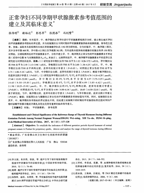 正常孕妇不同孕期甲状腺激素参考值范围的建立及其临床意义