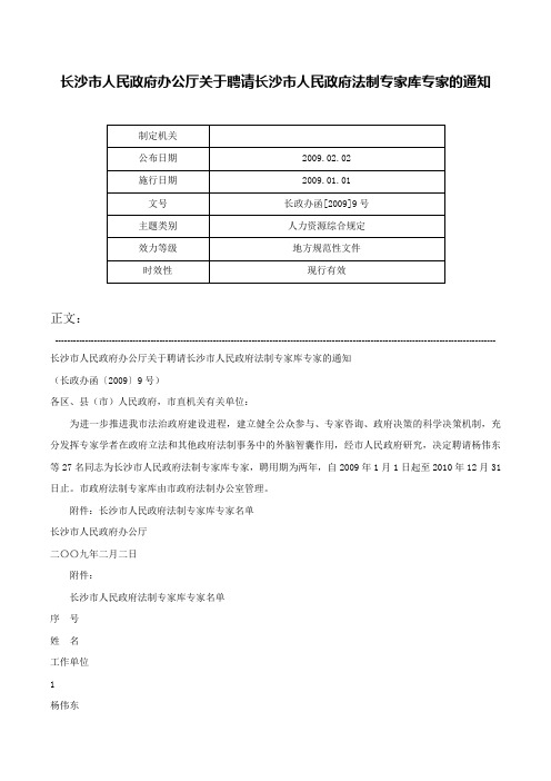 长沙市人民政府办公厅关于聘请长沙市人民政府法制专家库专家的通知-长政办函[2009]9号