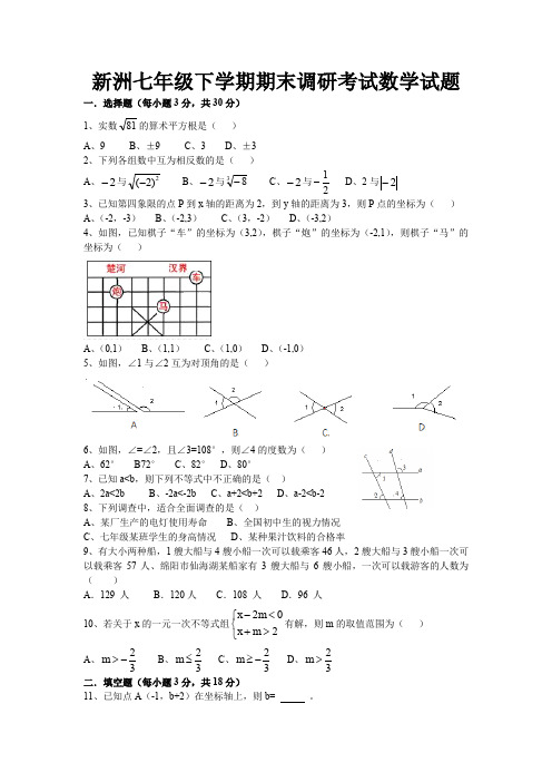 新洲七年级下学期期末调研考试数学试题