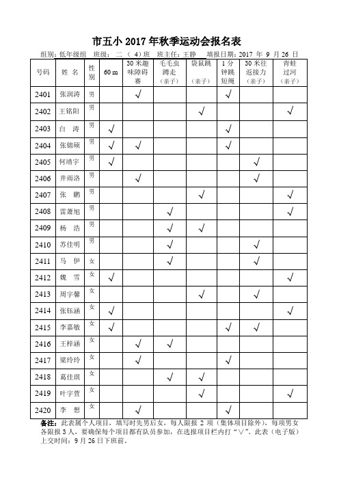 2017秋季运动会报名表(低)二(4)班