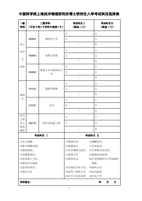 中国科学院上海技术物理研究所博士研究生入学考试科目选择表