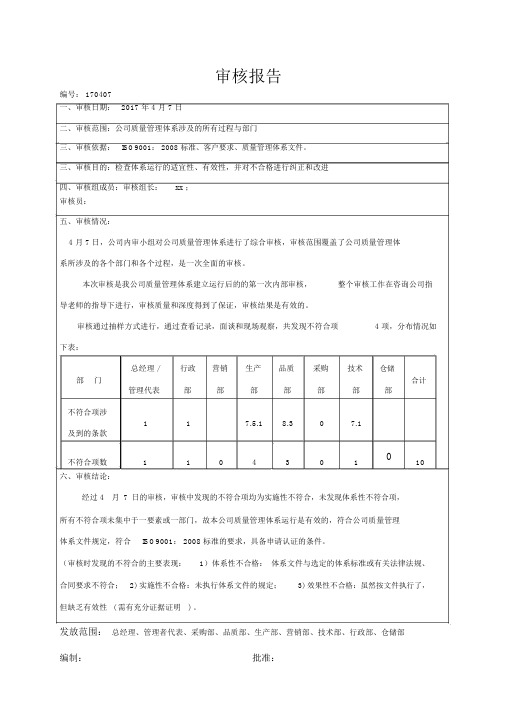 质量体系(内审)审核报告