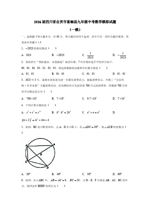 2024届四川省自贡市富顺县九年级中考数学模拟试题(一模)含答案