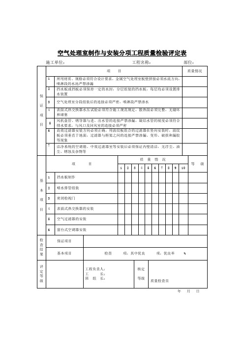 空气处理室制作与安装分项工程质量检验评定表