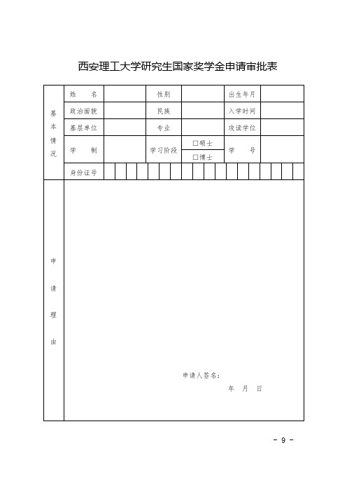 西安理工大学研究生国家奖学金申请审批表