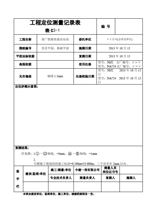 工程定位测量记录表(房建2019年新验标检表格范本)