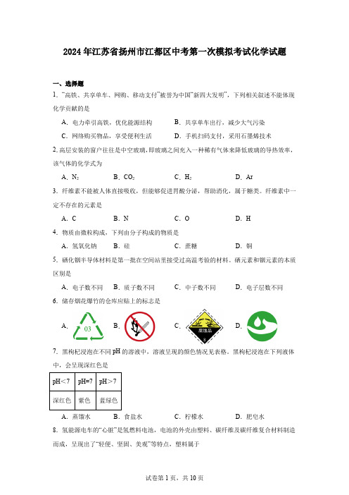 2024年江苏省扬州市江都区中考第一次模拟考试化学试题