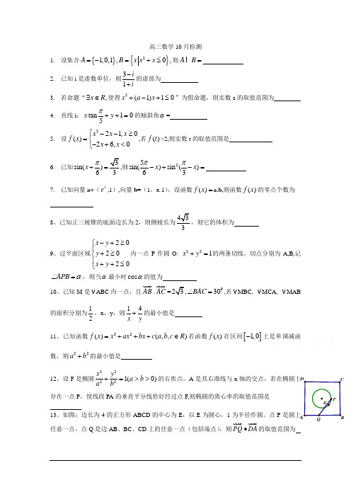 江苏省扬州蒋王中学2016届高三上学期10月月考数学试题 Word版无答案