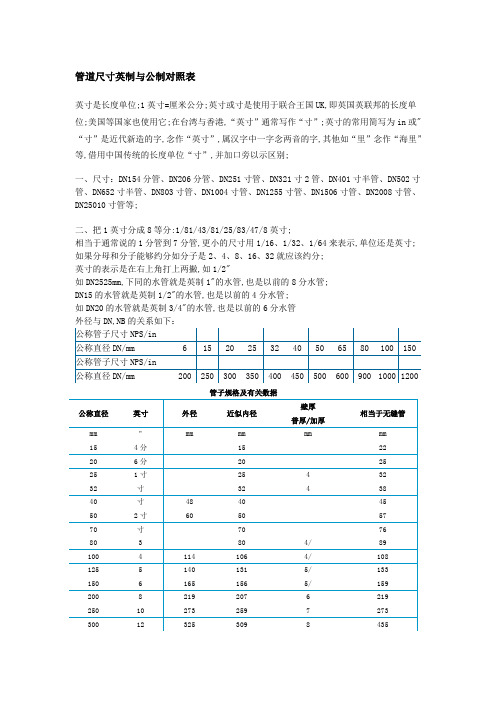 管道英制与公制对照表