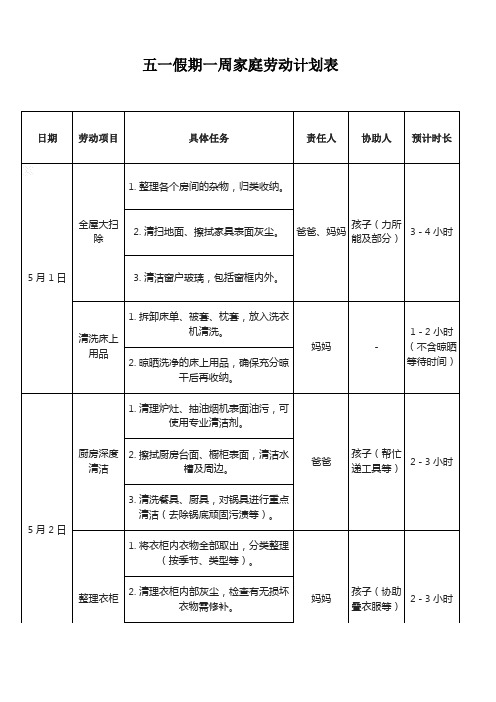 五一假期一周家庭劳动计划表