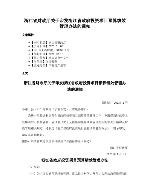 浙江省财政厅关于印发浙江省政府投资项目预算绩效管理办法的通知