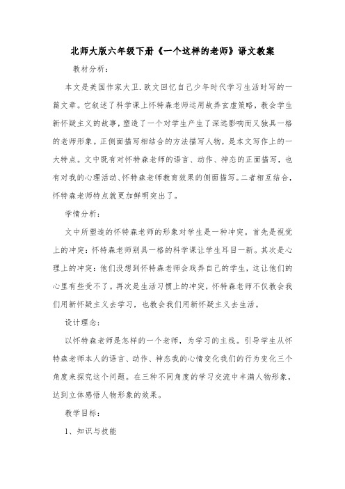 北师大版六年级下册《一个这样的老师》语文教案