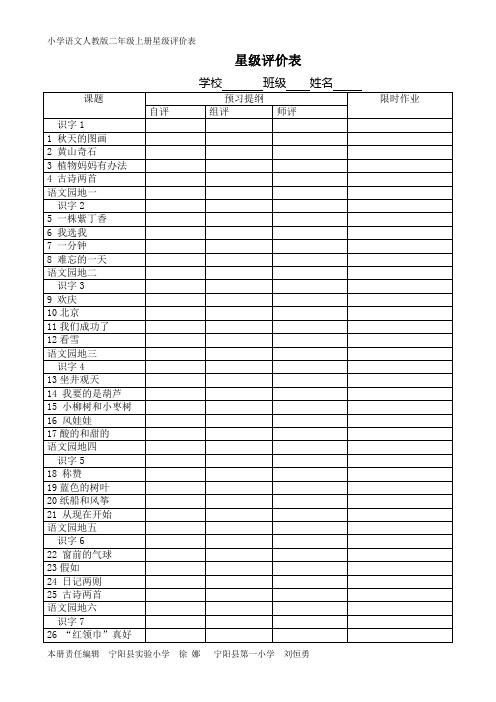 人教版二年级上册星级评价表