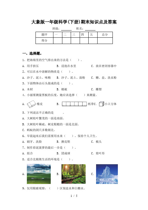 大象版一年级科学(下册)期末知识点及答案