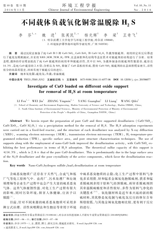 不同载体负载氧化铜常温脱除H2S