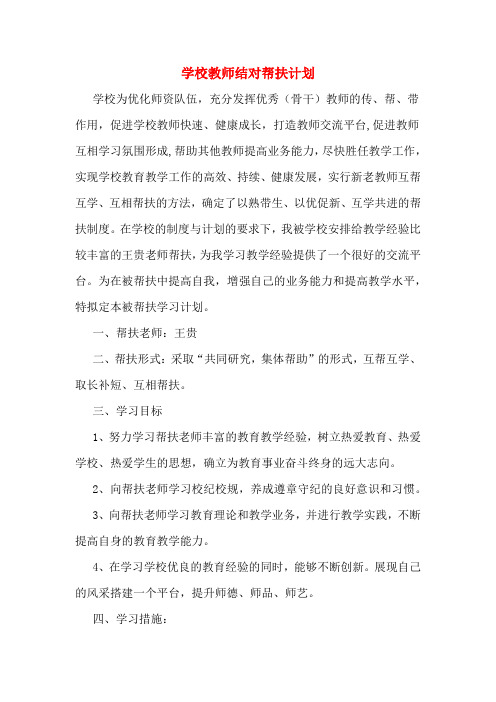 2020年学校教师结对帮扶计划