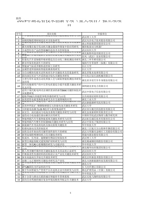 2019年湖北省技术创新专项(重大项目)拟立项项目