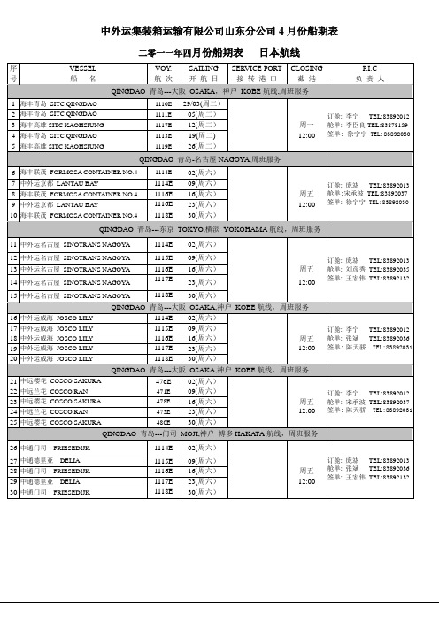 4月份船期表