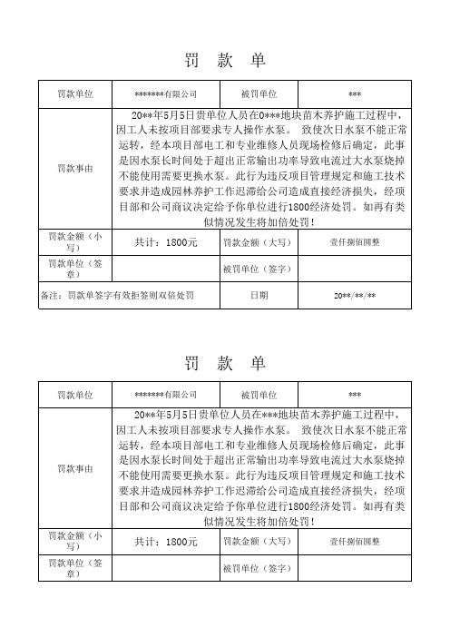 园林绿化项目罚款单样板