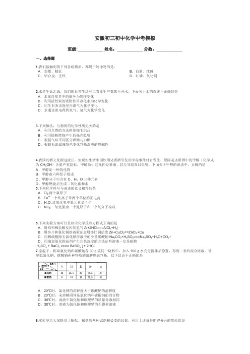 安徽初三初中化学中考模拟带答案解析
