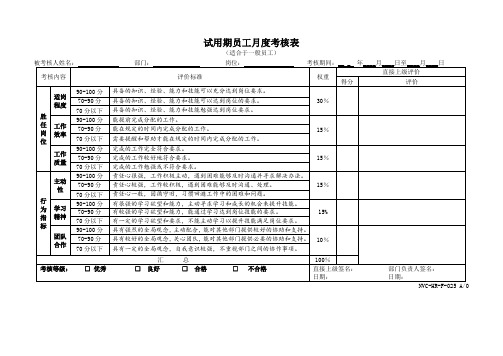 试用期员工月度考核表(适合于一般员工)