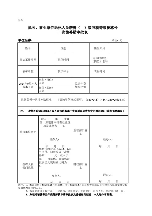 锡林郭勒盟劳模一次性补贴审批表