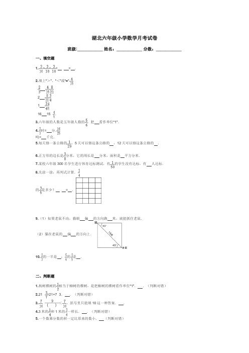 湖北六年级小学数学月考试卷带答案解析
