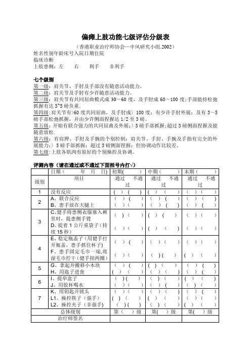 偏瘫上肢功能七级评估分级表