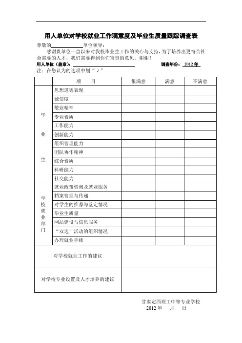 用人单位对学校就业工作满意度及毕业生质量跟踪调查表