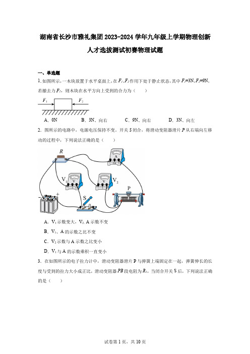 湖南省长沙市雅礼集团2023-2024学年九年级上学期物理创新人才选拔测试初赛物理试题