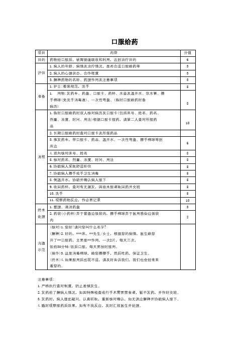 口服给药操作流程和考核评分