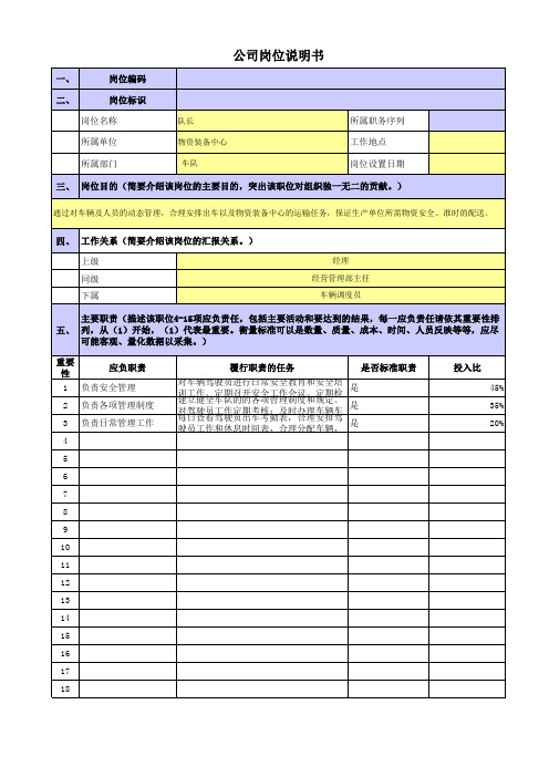 央企物资装备公司岗位职责梳理表车队-队长