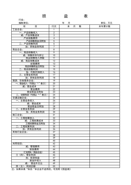 损益表表格