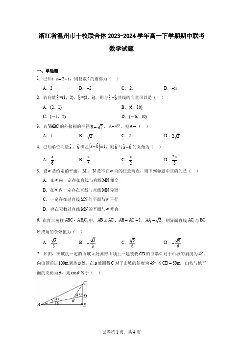 浙江省温州市十校联合体2023-2024学年高一下学期期中联考数学试题