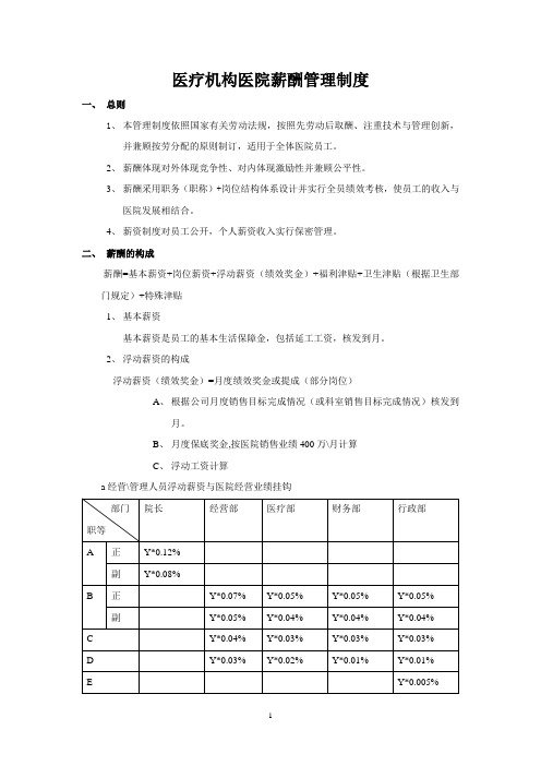 医疗机构医院薪酬管理制度