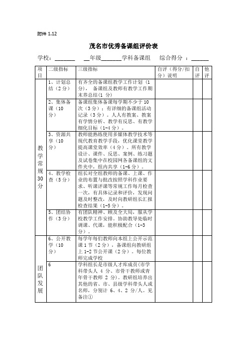 茂名市优秀备课组评价表