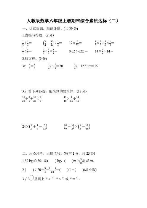 六年级上册数学期末综合素质达标(二)(试题)