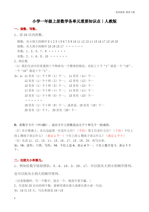 「优质」人教版一年级数学上册概念知识点整理-推荐