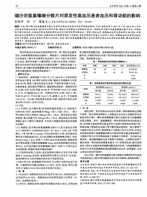 缬沙坦氢氯噻嗪分散片对原发性高血压患者血压和肾功能的影响