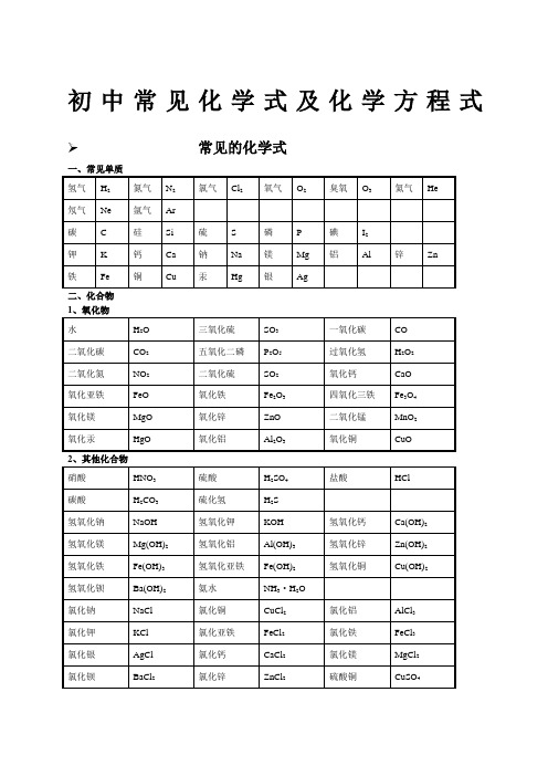 初中常见化学式及化学方程式大全范文新编