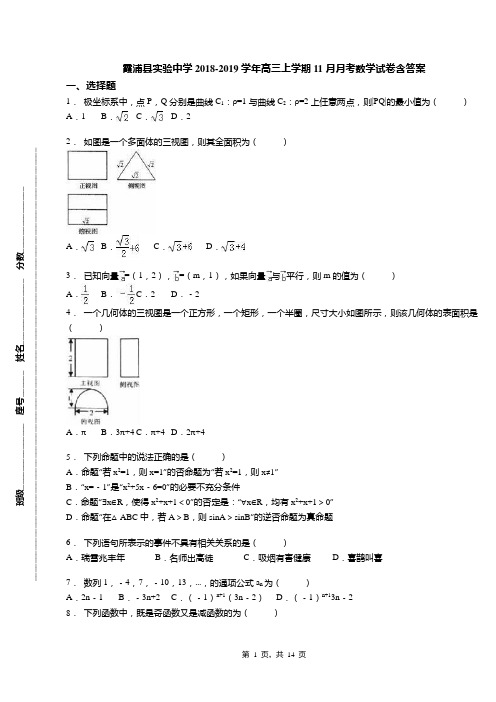 霞浦县实验中学2018-2019学年高三上学期11月月考数学试卷含答案