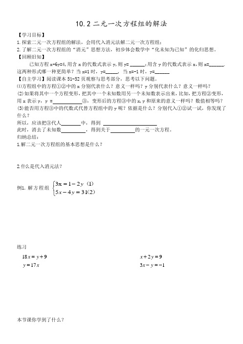 二元一次方程的解法学案(代入法)