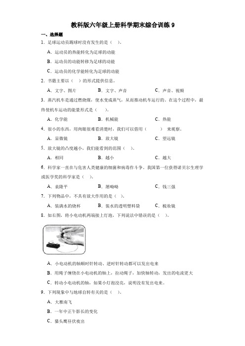 教科版六年级上册科学期末综合训练试卷(含答案)