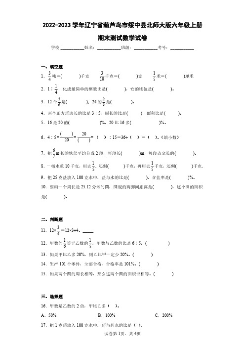 2022-2023学年辽宁省葫芦岛市绥中县北师大版六年级上册期末测试数学试卷(含答案解析)