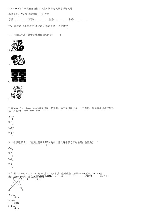 2022-2023学年湖北省某校初二(上)期中考试数学试卷(含答案)145906