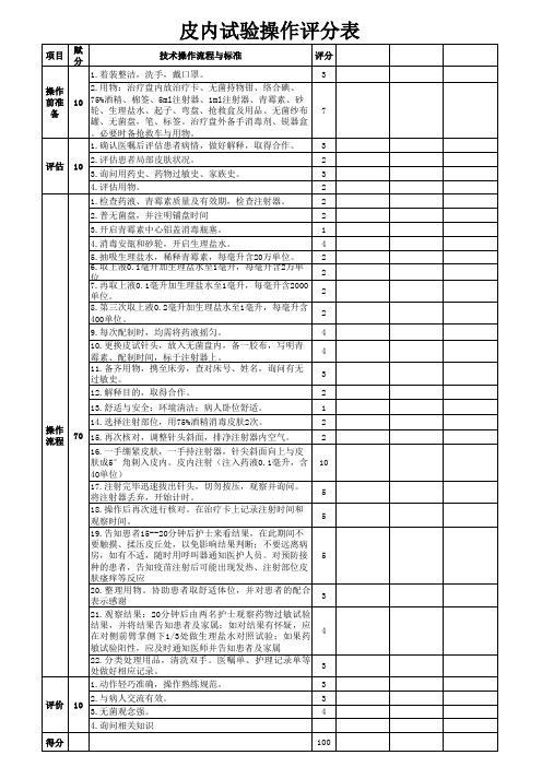 皮内注射操作评分表