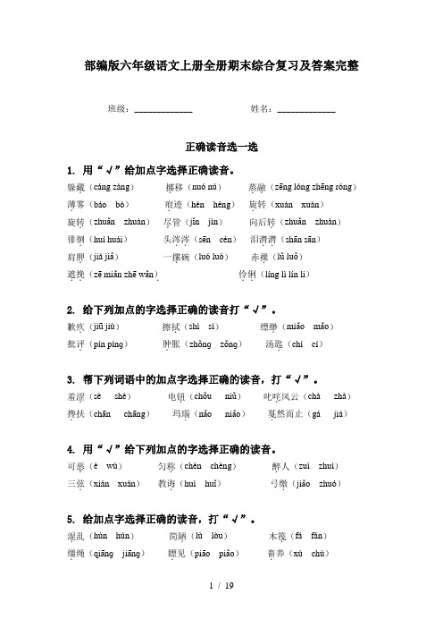 部编版六年级语文上册全册期末综合复习及答案完整