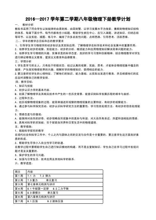 2016-2017学年最新新人教版八年级下册物理教学工作计划
